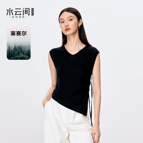 水云间黑色毛针织衫上衣女莱赛尔混纺v领无袖背心不规则抽绳2026