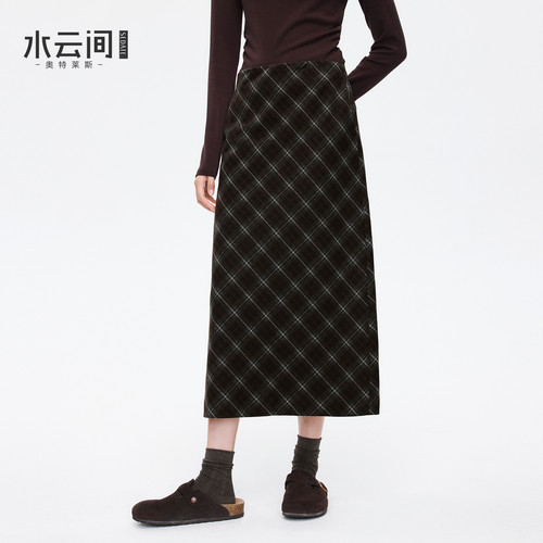 【休闲假日】水云间美拉德风毛呢半身裙女咖色格纹a字中长款裙子