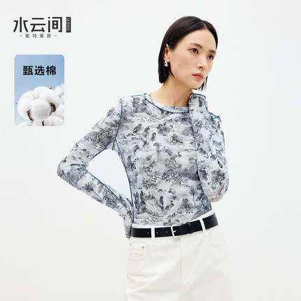水云间冷萃新中式长袖T恤中国风山水墨画上衣女纱质修身针织衫夏