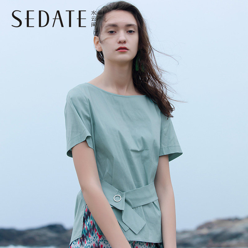 水云间松紧腰系带开叉T恤2020夏季新款宽松显瘦套头上衣女装纯色