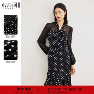 水云间黑色波点长袖 蕾丝拼接荷叶边收腰连衣裙 连衣裙女2025新款