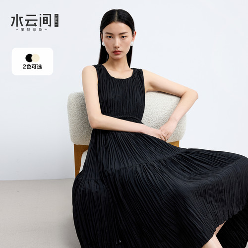 水云间松弛风褶皱无袖连衣裙女黑色肌理感中长裙显瘦通勤知性风夏