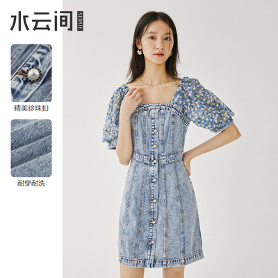 水云间设计感拼接泡泡袖牛仔连衣裙女2022新款夏季收腰气质裙子