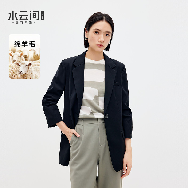 水云间黑色七分袖小西装外套女式一粒扣西服通勤cleanfit极简穿搭图片
