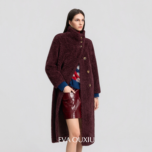 伊华欧秀【新品】复古红色长款羊剪绒皮草外套保暖显瘦羊羔毛大衣