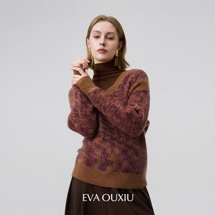 EVAOUXIU【新品】V领宽松毛衣2026年春绵羊毛红色节日氛围感毛衫