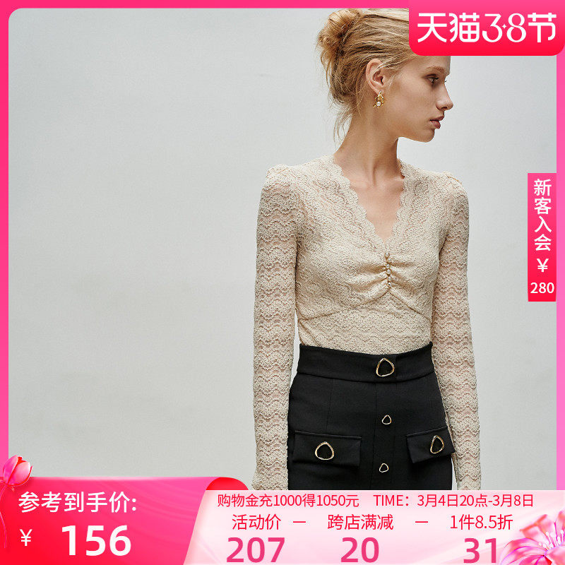 伊华欧秀2022年春季新款时尚V领蕾丝衫洋气心机设计感长袖上衣女