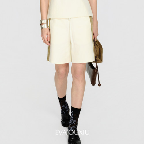 EVAOUXIU商场同款奶白松紧腰撞色短裤女26夏宽松百搭通勤休闲裤子