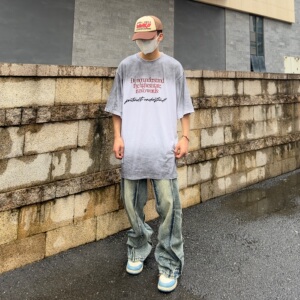 scs想文 美式高街小众水洗做旧短袖男女字母印花显瘦情侣T恤上衣