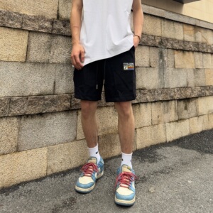scs想文 美式街头字母刺绣运动短裤男女直筒宽松情侣抽绳五分裤潮