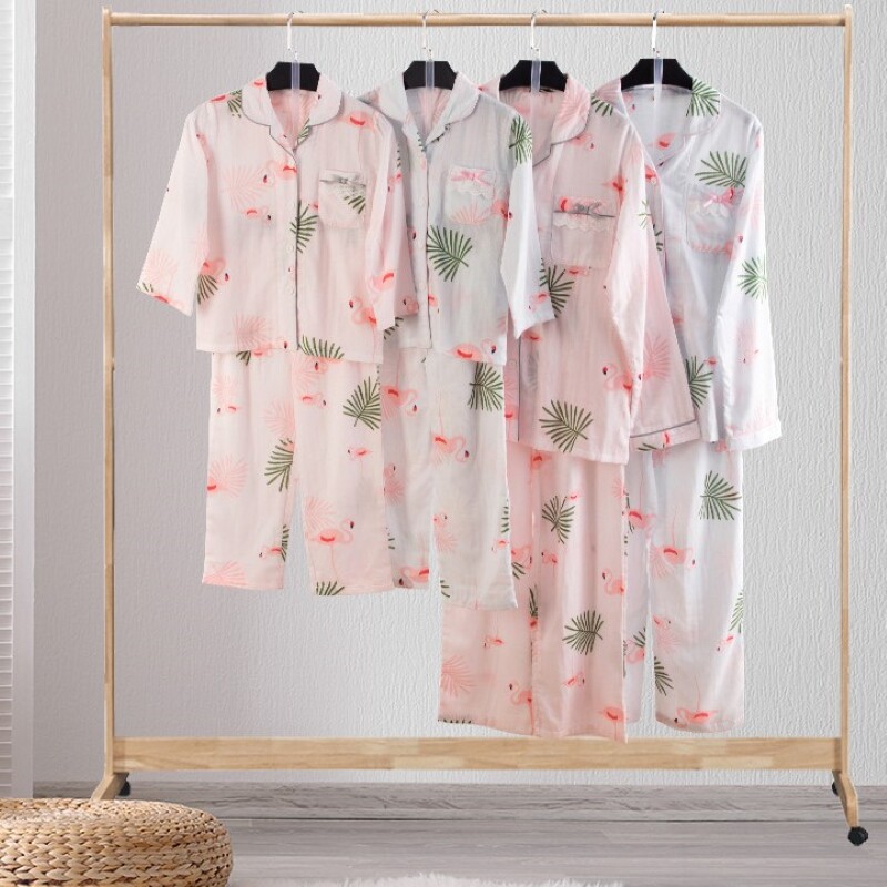 母女亲子睡衣全纯棉双层纱布套装薄款儿童家居服火烈鸟春夏季新品