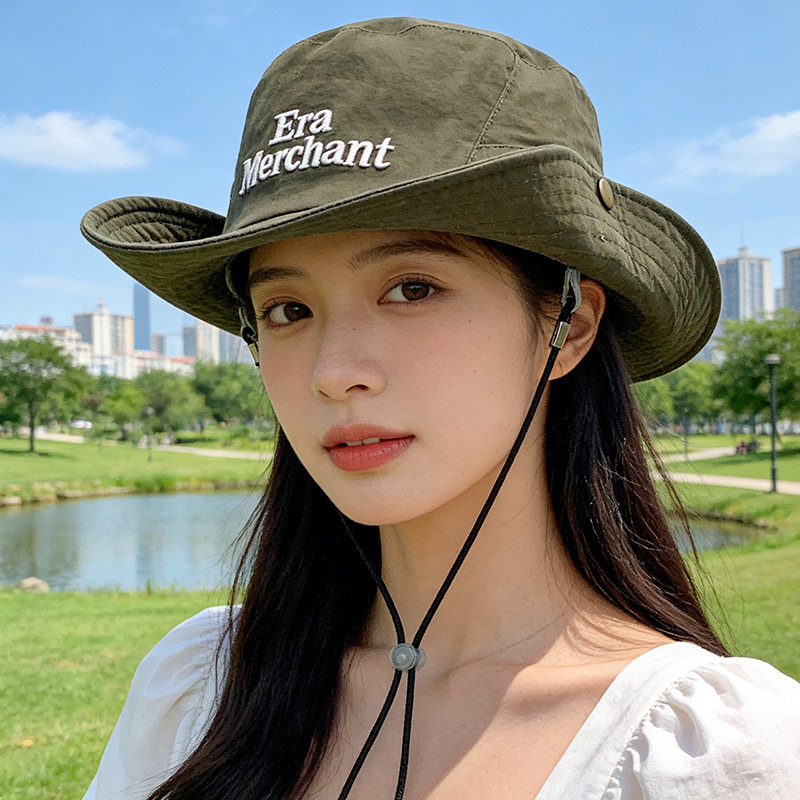 夏季户外防晒遮阳渔夫帽男女刺绣字母可折叠骑车防风百搭登山帽子