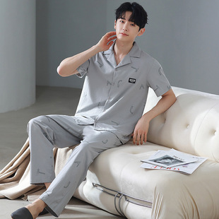 男士睡衣春夏季新款拉架棉翻领开衫大码可外穿休闲家居服长裤套装