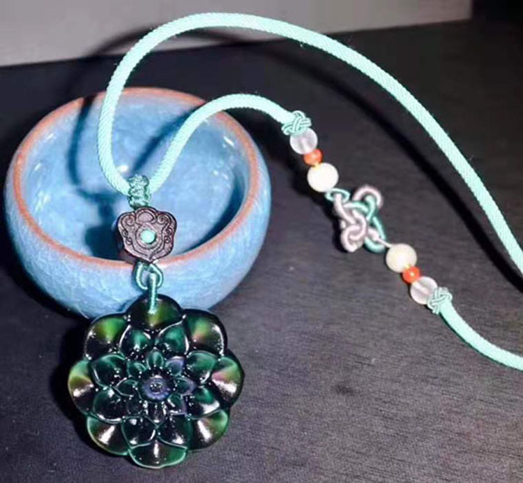 天然黑曜石墨西哥炫彩毛衣链吊坠