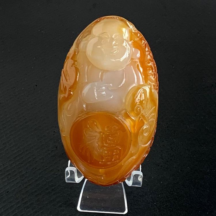 水玉冰魄天然玛瑙原石雕刻佛像把玩弥勒佛手把件笑佛福星实物