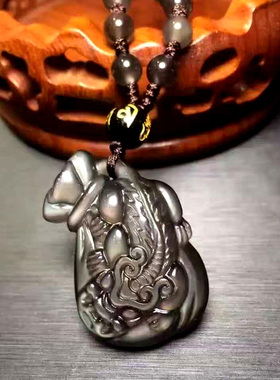 冰彩黑曜石貔貅钱袋招财进宝吊坠