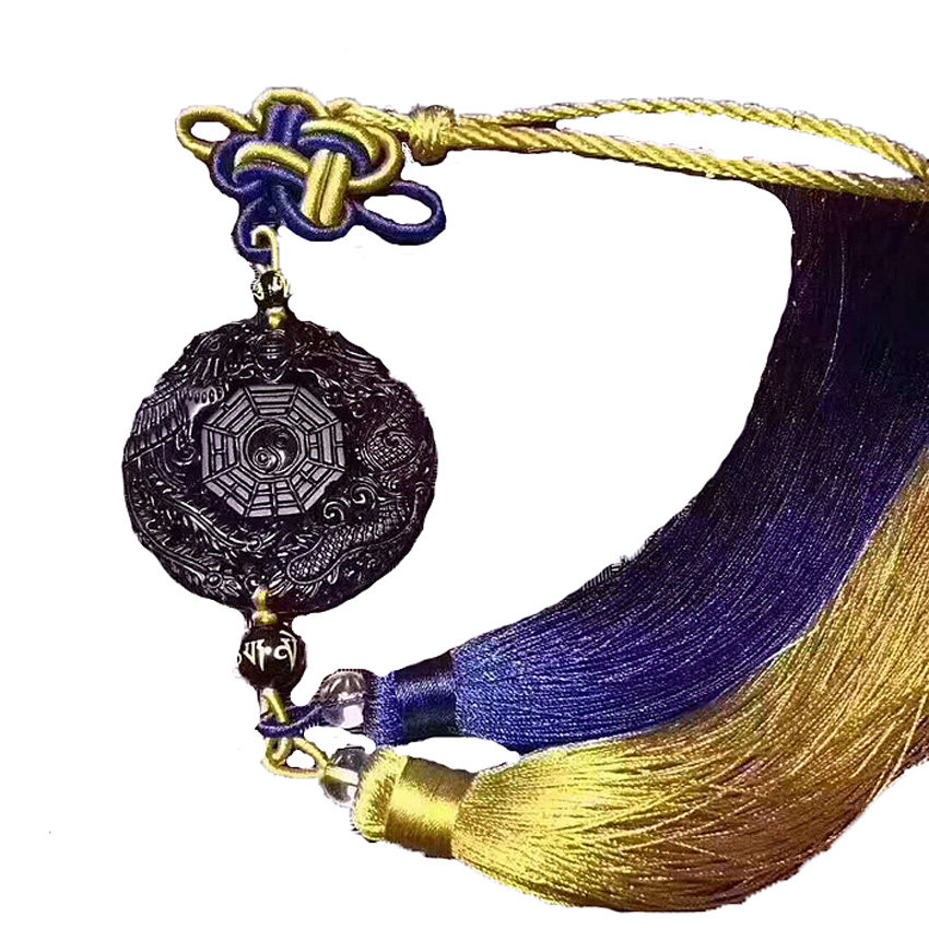 水玉冰魄 天然黑曜石龙凤八卦车挂 单面编织车挂穗 汽车内饰挂件