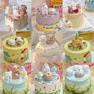 蛋白糖生日蛋糕装 饰摆件卡通兔动物情侣小熊小狗蛋白糖成品插件
