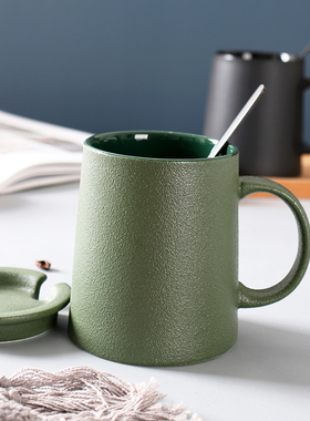 复古风个性磨砂陶瓷马克杯日式家用黑色早餐杯子带盖勺办公室水杯