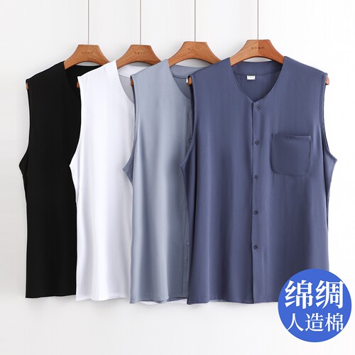 夏季棉绸无袖开衫背心爷爷汗衫