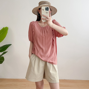 夏季绵绸上衣女夏季薄款宽松大码圆领荷叶边短袖衬衫人造棉T恤衫