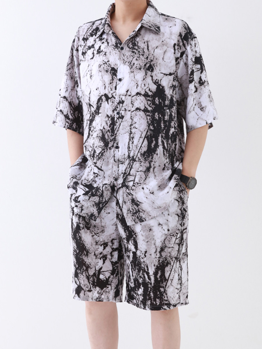 여름 젊은 남성의 얇은 면 실크 셔츠 반바지 정장 느슨한 대형 캐주얼 인공 면 가디건 홈웨어