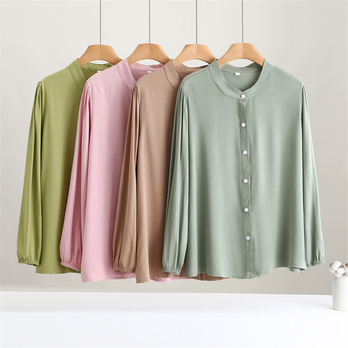 棉绸长袖衬衫立领开衫防晒上衣