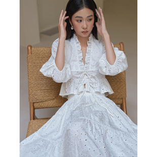 签儿白色早春度假蕾丝棉布花边上衣半裙套装法式仙气温柔风衬衫女