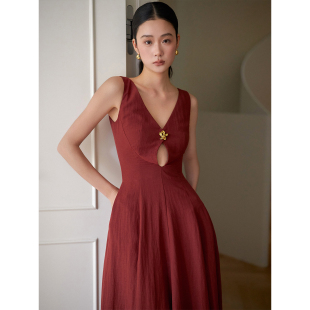 签儿法式 连衣裙订婚旅游宴会女士长裙 复古红约会收腰V领大摆无袖