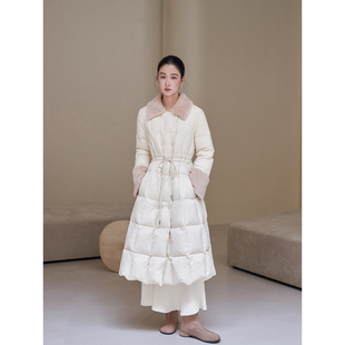 签儿冬季新品法式高级感仿兔毛毛领长款收腰羽绒服加厚白鸭绒外套