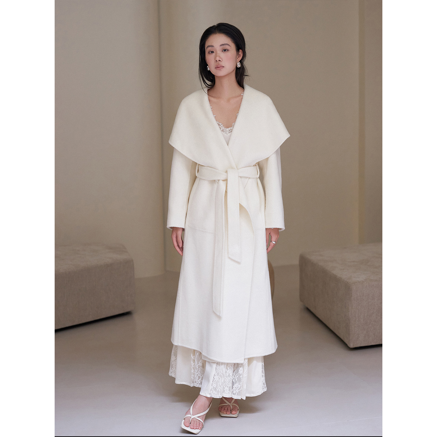 签儿法式翻领100%羊毛大衣