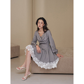 签儿新品 仙女裙 长袖 小个子秋冬法式 蕾丝荡领连衣裙高级感灰色短款