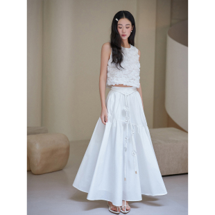 背心玫瑰立体上衣白色花朵大摆裙海边度假风两件套装 签儿夏季 法式