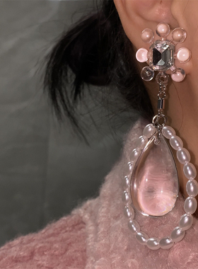 欧韩饰品欧美夸张时尚个性潮流礼服走秀款长款珍珠水滴大耳环耳夹