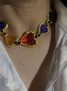 欧韩金色爱心彩钻女中古项链