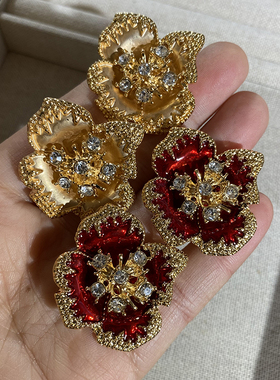 奢华晚宴耳钉时髦吸睛红色撞色花朵耳环轻奢高级感结婚礼服耳饰女