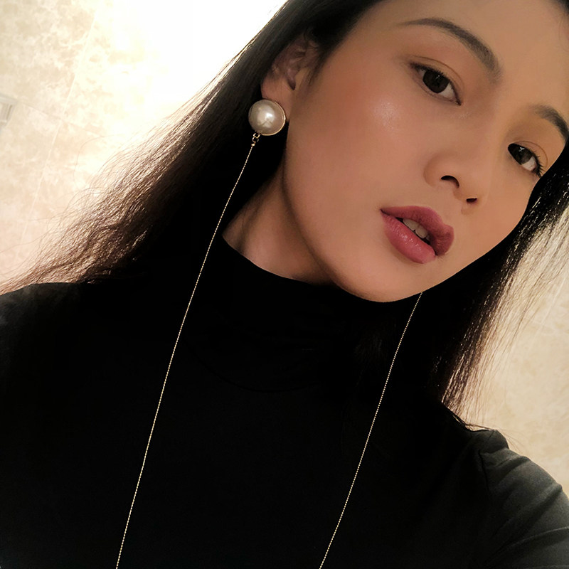 小众设计走秀款珍珠耳环一体式挂脖长链条女连体时尚个性耳钉耳饰