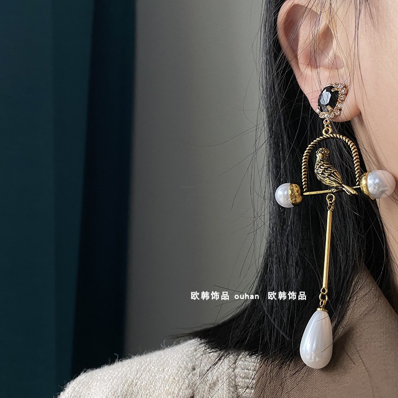 欧韩饰品长款鸟笼珍珠设计感耳夹