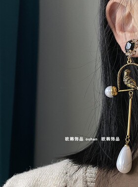欧韩饰品长款鸟笼珍珠设计感耳夹