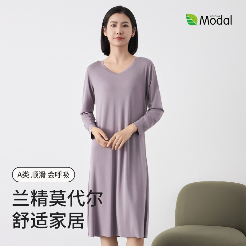 莫代尔女士睡裙秋冬长袖V领