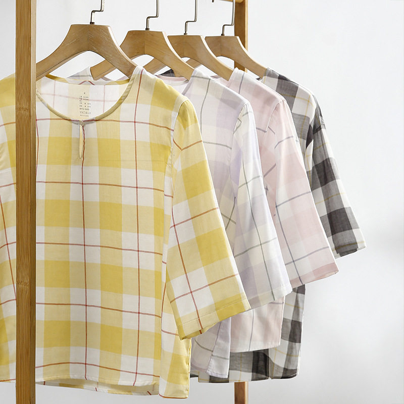 家居服女纱布棉质七分袖格子