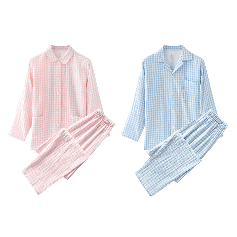 春秋夏薄款男情侣格子家居服