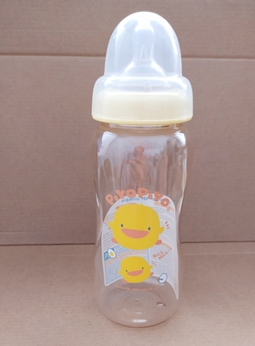 黄色小鸭宝宝奶瓶防胀气宽口径PES塑料葫芦握把自动吸管奶瓶耐摔