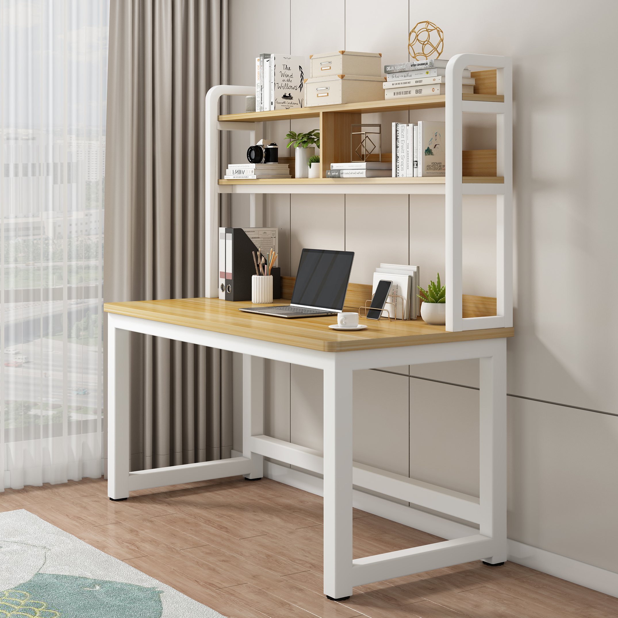 电脑桌台式简约现代书桌书架一体家用办公桌卧室学生写字桌学习桌