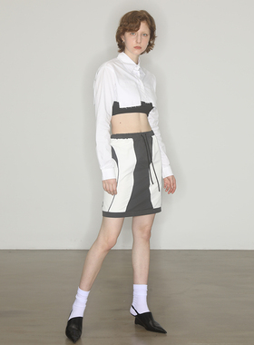 AXYPAGES黑灰拼色设计感松紧高腰微廓形气质日常百搭显瘦A字短裙