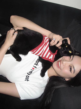 AXYPAGES夏季新款短袖猫T恤修身高弹力复古百搭字母可爱短上衣女