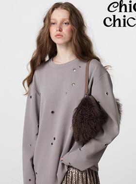 ChicChick时髦小鸡新品 灰紫色 松弛感莫代尔金属气眼装饰长袖T恤