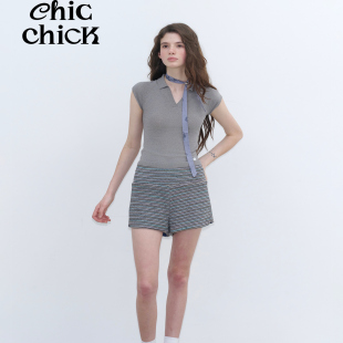 ChicChick时髦小鸡新品 轻盈精制星云灰亮丝正肩短款 针织Polo短袖