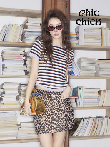 ChicChick时髦小鸡vol19渐变豹纹提花面料金属装饰工装口袋短半裙