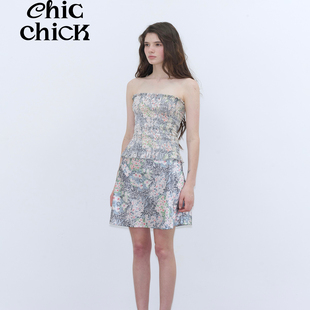 ChicChick时髦小鸡新品 度假风野山樱印花弹力腰头丝光半身裙套装
